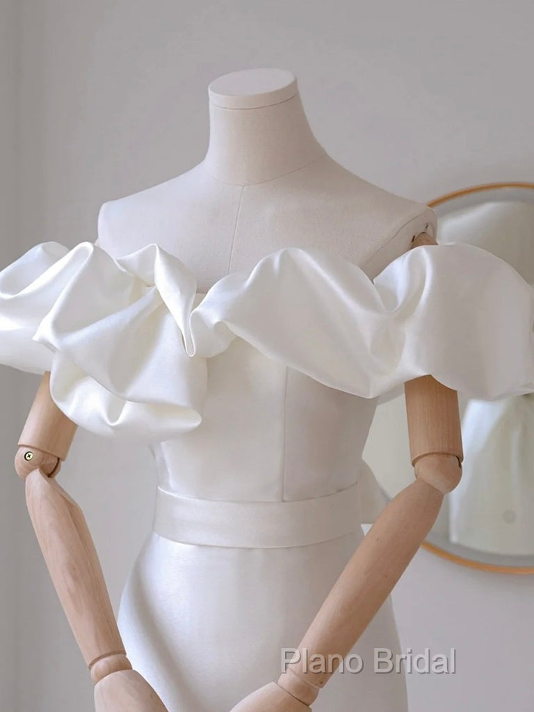 A-Line Off Shoulder Satin White Long Formal Prom Dresses, White Long Party Dresses