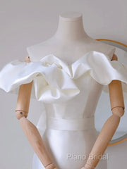 A-Line Off Shoulder Satin White Long Formal Prom Dresses, White Long Party Dresses