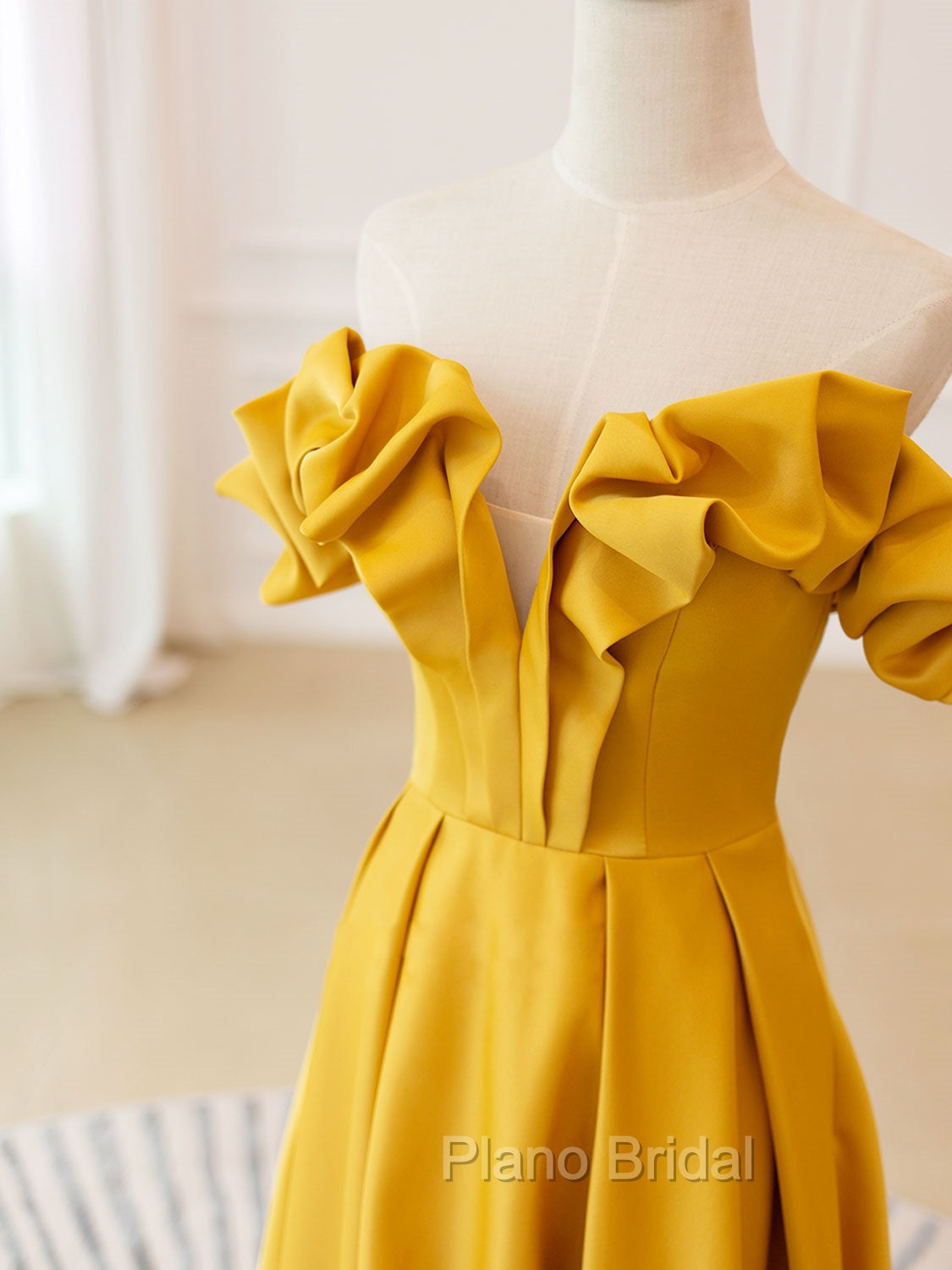 A-Line Off Shoulder Satin Yellow Long Formal Prom Dresses, Yellow Formal Evening Dresses Secondary image