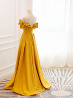 A-Line Off Shoulder Satin Yellow Long Formal Prom Dresses, Yellow Formal Evening Dresses
