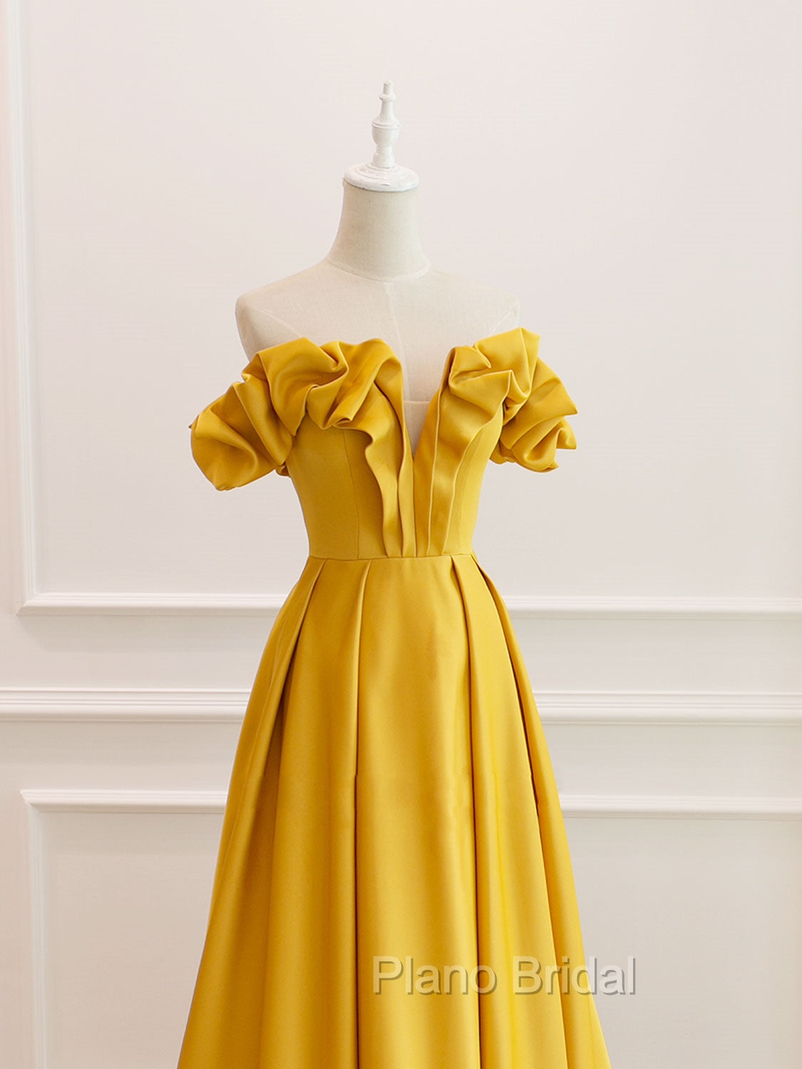 A-Line Off Shoulder Satin Yellow Long Formal Prom Dresses, Yellow Formal Evening Dresses