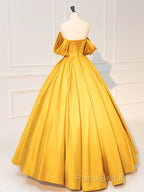 A-Line Off Shoulder Satin Yellow Long Formal Prom Dresses, Yellow Long Formal Dresses