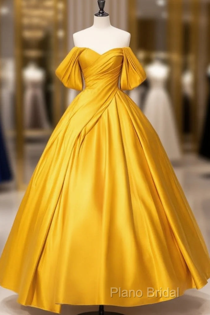 A-Line Off Shoulder Satin Yellow Long Formal Prom Dresses, Yellow Long Formal Dresses Main image