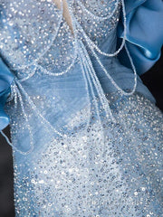 A-Line Off Shoulder Sequin Beads Blue Long Formal Prom Dresses Sparkly Formal Dresses