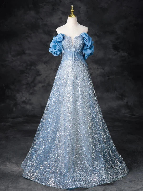A-Line Off Shoulder Sequin Beads Blue Long Formal Prom Dresses Sparkly Formal Dresses