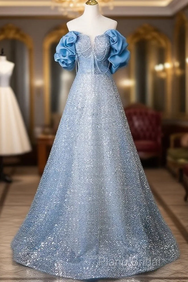 A-Line Off Shoulder Sequin Beads Blue Long Formal Prom Dresses Sparkly Formal Dresses Main image