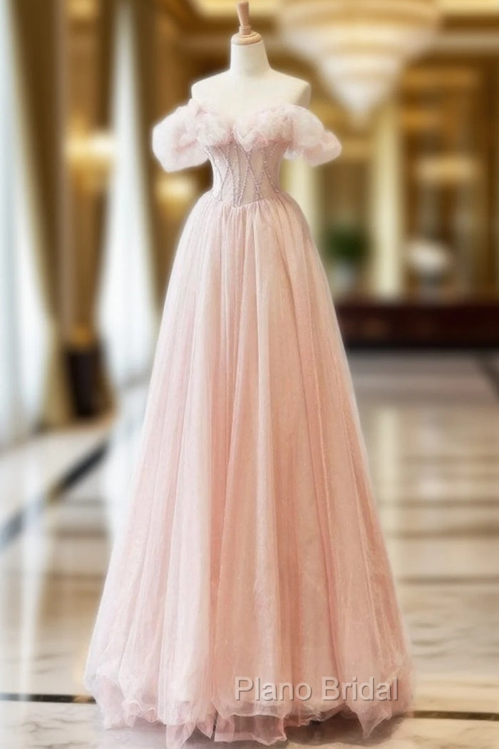 A-Line Off Shoulder Tulle Beads Pink Long Formal Prom Dresses, Pink Tulle Long Formal Dresses