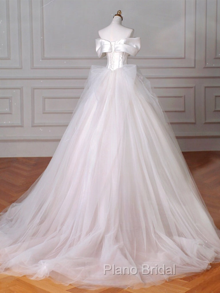 A-Line Off Shoulder Tulle Beige Long Formal Prom Dresses, Beige Tulle Long Formal Dresses Secondary image