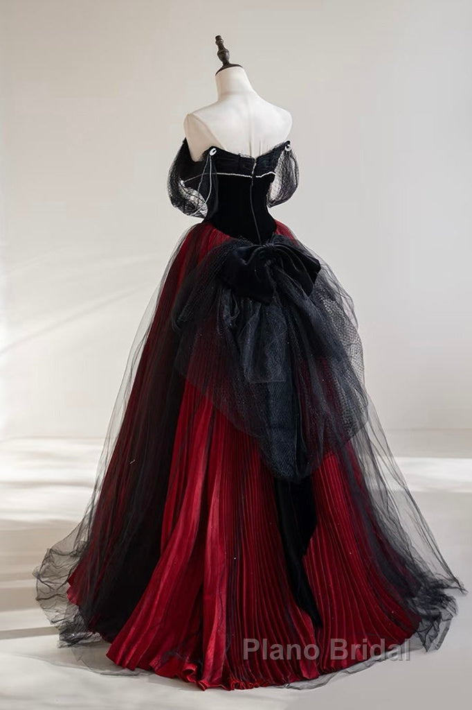 A-Line Off Shoulder Tulle Black/Burgundy Long Formal Prom Dresses