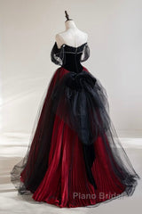 A-Line Off Shoulder Tulle Black/Burgundy Long Formal Prom Dresses