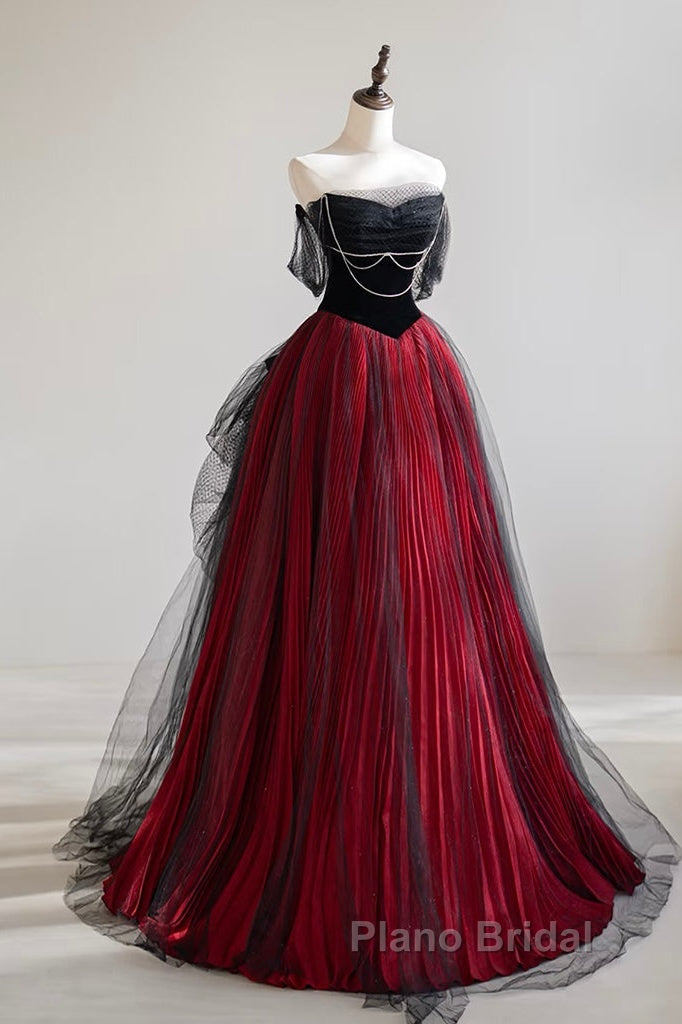 A-Line Off Shoulder Tulle Black/Burgundy Long Formal Prom Dresses