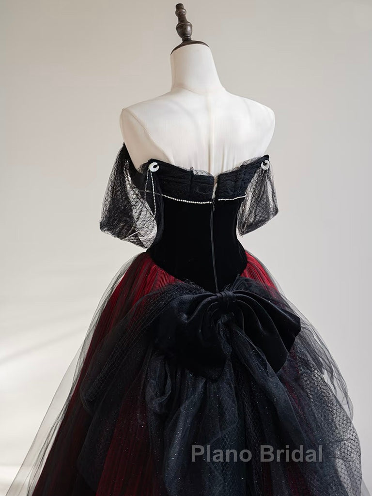 A-Line Off Shoulder Tulle Black/Burgundy Long Formal Prom Dresses