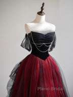 A-Line Off Shoulder Tulle Black/Burgundy Long Formal Prom Dresses