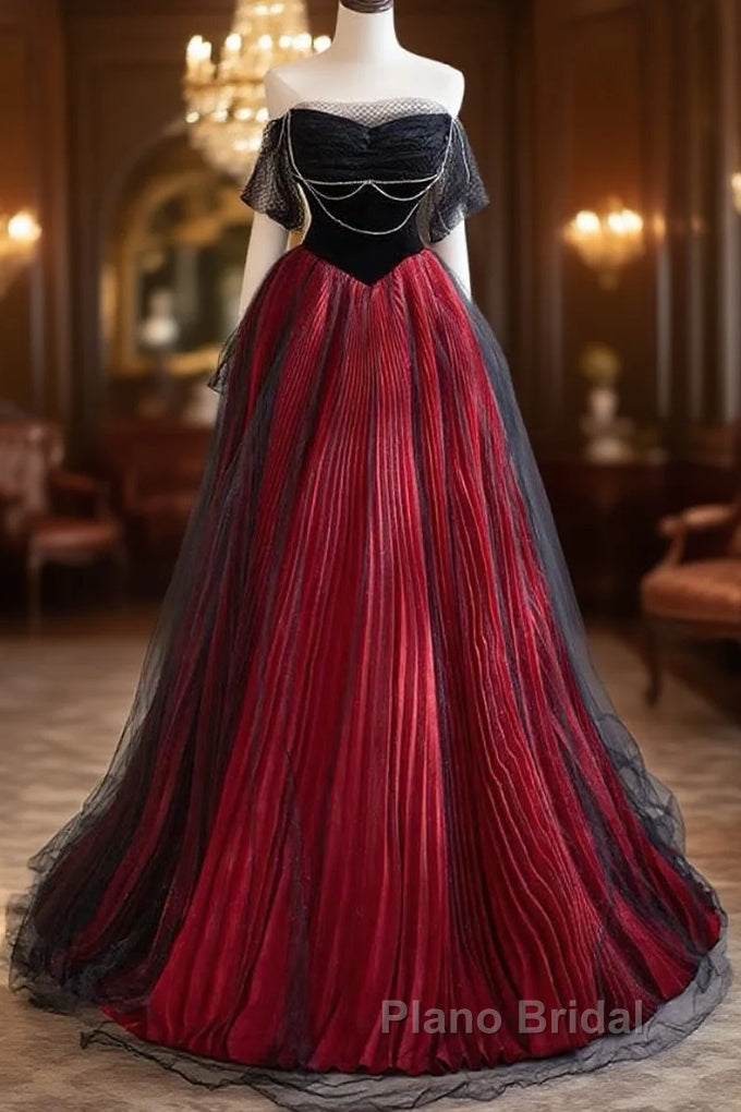 A-Line Off Shoulder Tulle Black/Burgundy Long Formal Prom Dresses Main image