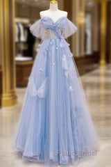 A-Line Off Shoulder Tulle Blue Long Formal Prom Dresses, Blue Long Formal Dresses