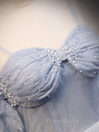 A-Line Off Shoulder Tulle Gray Blue Long Formal Prom Dresses, Gray Blue Long Formal Dresses