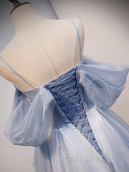 A-Line Off Shoulder Tulle Gray Blue Long Formal Prom Dresses, Gray Blue Long Formal Dresses