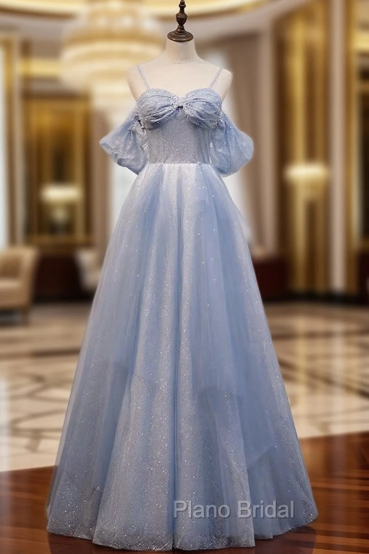 A-Line Off Shoulder Tulle Gray Blue Long Formal Prom Dresses, Gray Blue Long Formal Dresses