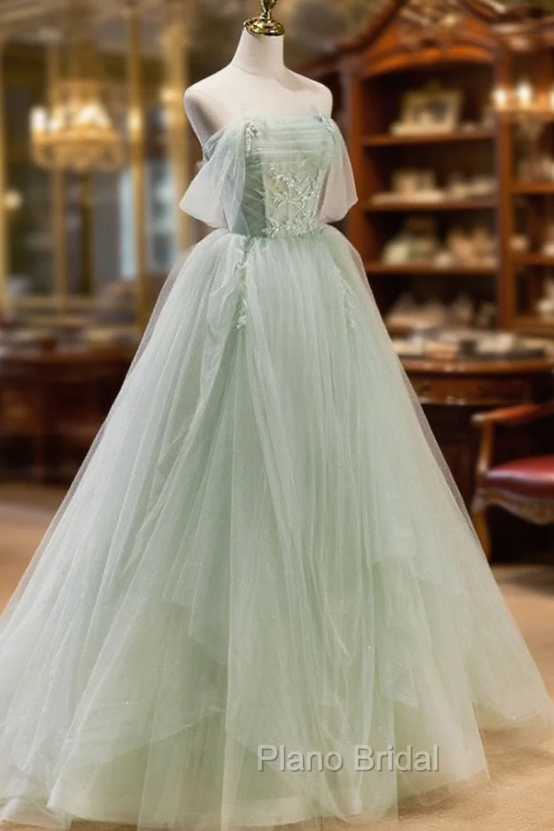 A-Line Off Shoulder Tulle Green Long Formal Prom Dresses, Green Formal Dresses with Beading