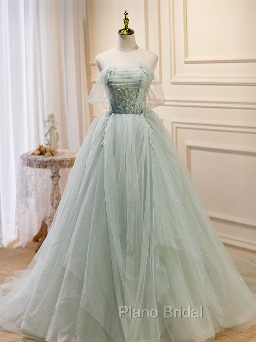 A-Line Off Shoulder Tulle Green Long Formal Prom Dresses, Green Formal Dresses with Beading Main image