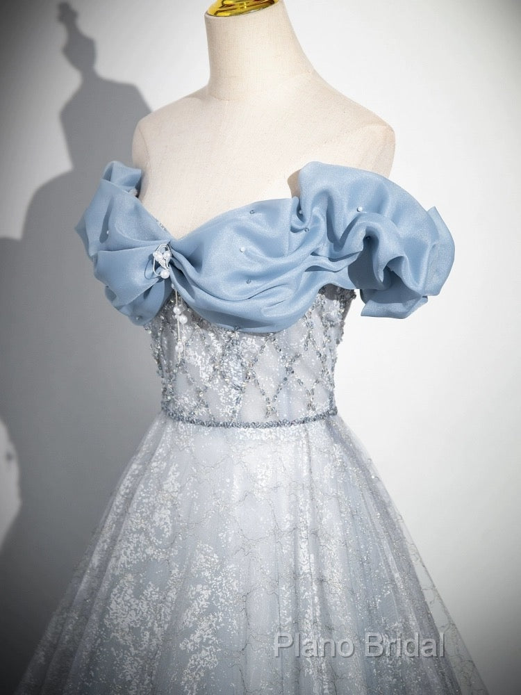 A-Line Off Shoulder Tulle Lace Beads Blue Long Formal Prom Dresses, Blue Long Formal Dresses Secondary image