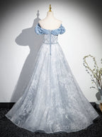 A-Line Off Shoulder Tulle Lace Beads Blue Long Formal Prom Dresses, Blue Long Formal Dresses