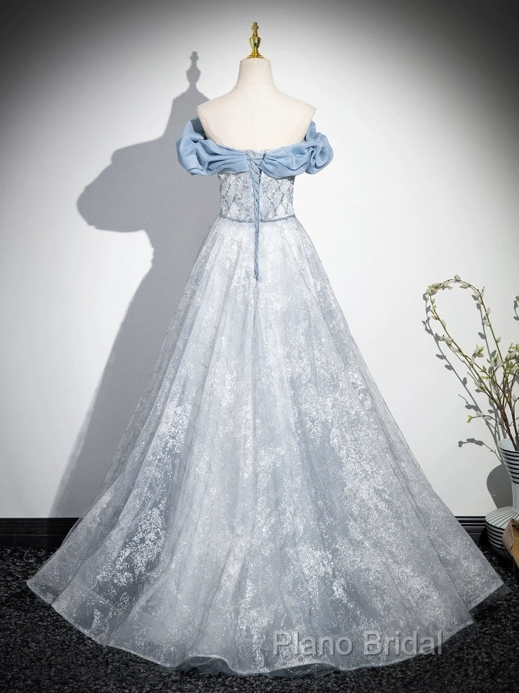 A-Line Off Shoulder Tulle Lace Beads Blue Long Formal Prom Dresses, Blue Long Formal Dresses