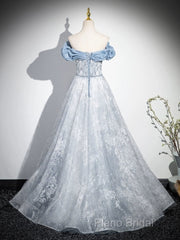 A-Line Off Shoulder Tulle Lace Beads Blue Long Formal Prom Dresses, Blue Long Formal Dresses