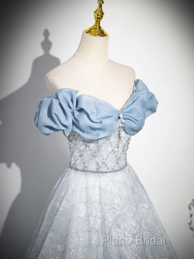 A-Line Off Shoulder Tulle Lace Beads Blue Long Formal Prom Dresses, Blue Long Formal Dresses