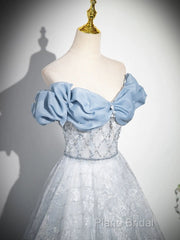 A-Line Off Shoulder Tulle Lace Beads Blue Long Formal Prom Dresses, Blue Long Formal Dresses