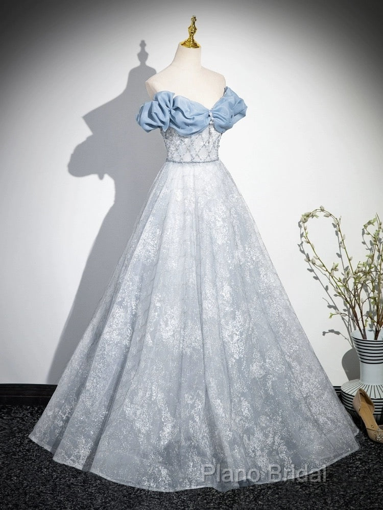 A-Line Off Shoulder Tulle Lace Beads Blue Long Formal Prom Dresses, Blue Long Formal Dresses