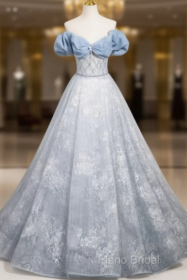 A-Line Off Shoulder Tulle Lace Beads Blue Long Formal Prom Dresses, Blue Long Formal Dresses