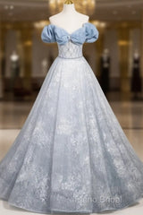A-Line Off Shoulder Tulle Lace Beads Blue Long Formal Prom Dresses, Blue Long Formal Dresses
