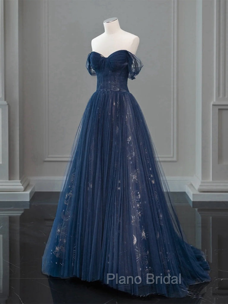 A-Line Off Shoulder Tulle Lace Dark Blue Long Formal Prom Dresses Secondary image