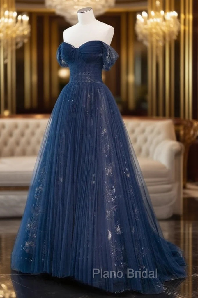 A-Line Off Shoulder Tulle Lace Dark Blue Long Formal Prom Dresses