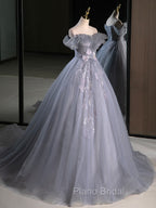 A-Line Off Shoulder Tulle Lace Gray Blue Long Formal Prom Dresses, Gray Blue Long Formal Dresses