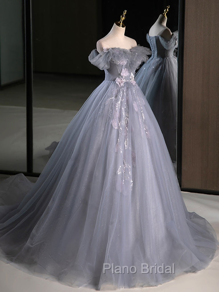 A-Line Off Shoulder Tulle Lace Gray Blue Long Formal Prom Dresses, Gray Blue Long Formal Dresses