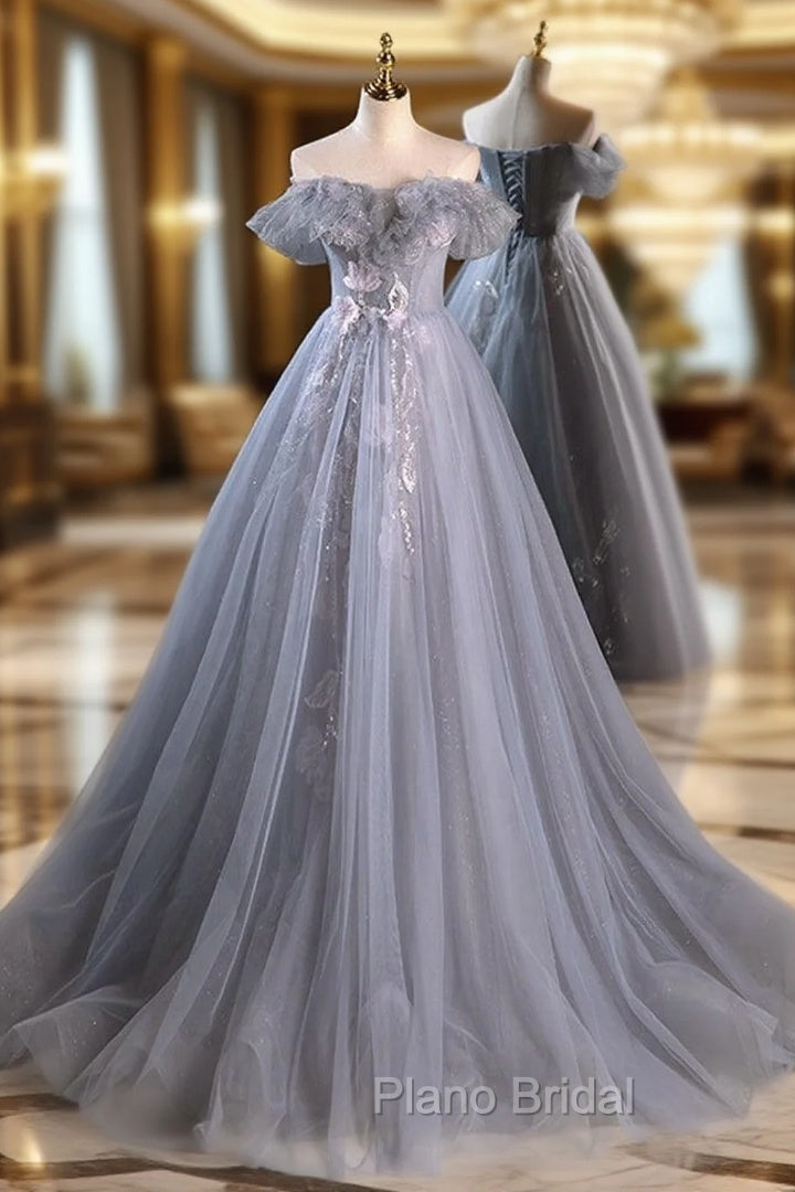 A-Line Off Shoulder Tulle Lace Gray Blue Long Formal Prom Dresses, Gray Blue Long Formal Dresses Main image