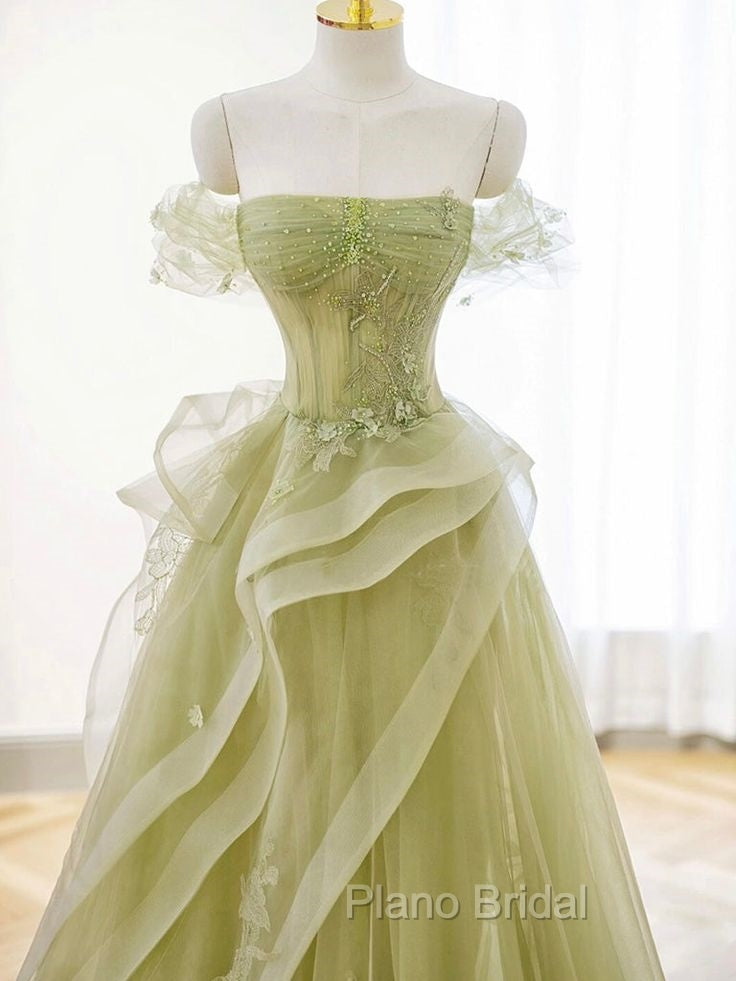 A-Line Off Shoulder Tulle Lace Green Long Formal Prom Dresses, Green Long Graduation Dresses