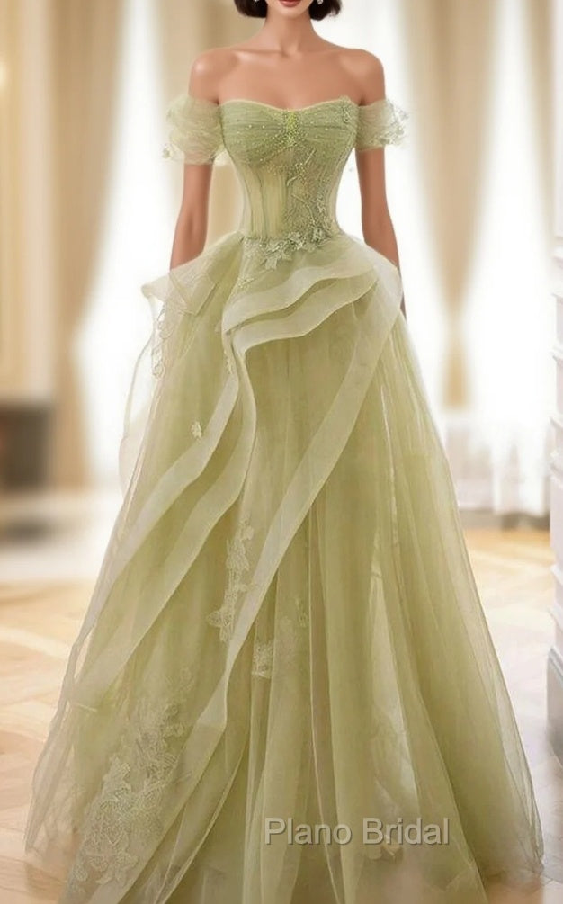 A-Line Off Shoulder Tulle Lace Green Long Formal Prom Dresses, Green Long Graduation Dresses Main image