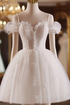 A-Line Off Shoulder Tulle Lace Light Champagne Short Formal Prom Dresses