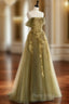 A-Line Off Shoulder Tulle Lace Long Formal Prom Dresses, Green Tulle Formal Evening Dresses