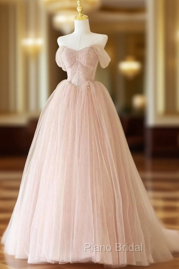 A-Line Off Shoulder Tulle Lace Pink Long Formal Prom Dresses, Pink Long Formal Dresses Main image