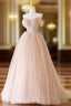 A-Line Off Shoulder Tulle Lace Pink Long Formal Prom Dresses, Pink Long Formal Dresses