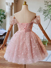 A-Line Off Shoulder Tulle Lace Pink Short Formal Prom Dresses, Pink Homecoming Dresses