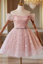 A-Line Off Shoulder Tulle Lace Pink Short Formal Prom Dresses, Pink Homecoming Dresses