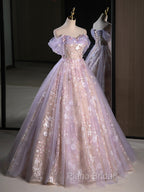 A-Line Off Shoulder Tulle Lace Purple Long Formal Prom Dresses, Purple Formal Dresses