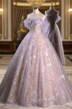 A-Line Off Shoulder Tulle Lace Purple Long Formal Prom Dresses, Purple Formal Dresses