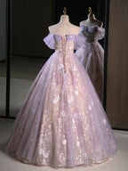 A-Line Off Shoulder Tulle Lace Purple Long Formal Prom Dresses, Purple Formal Dresses