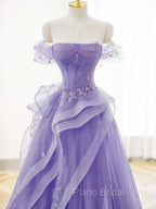 A-Line Off Shoulder Tulle Lace Purple Long Formal Prom Dresses, Purple Lace Long Formal Dresses